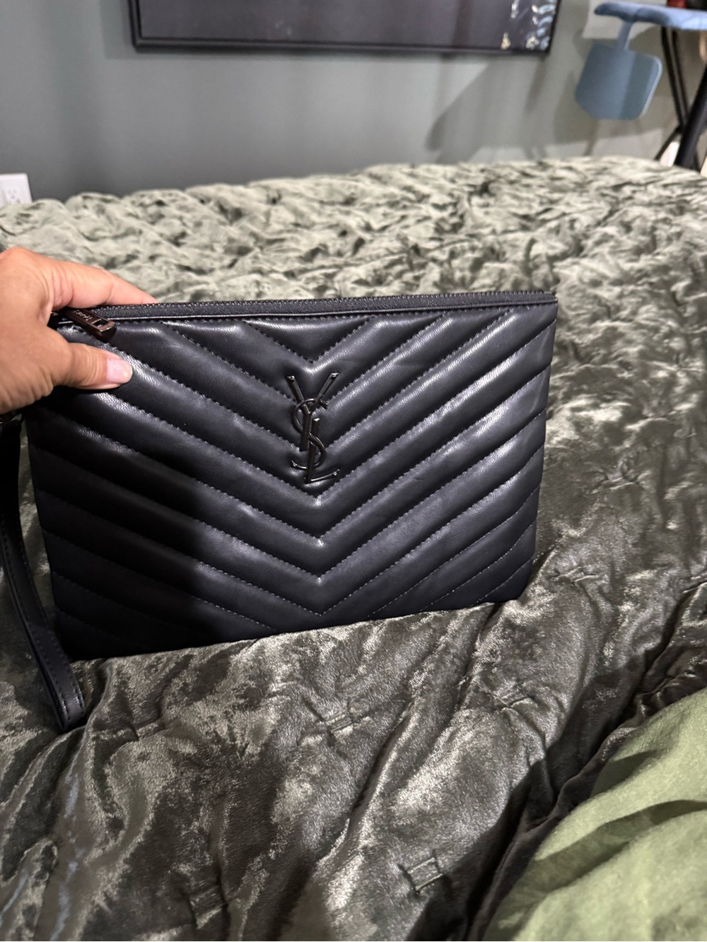 Saint Laurent Black Quilted Chevron Leather Wristlet Clutch. Brand new!!
